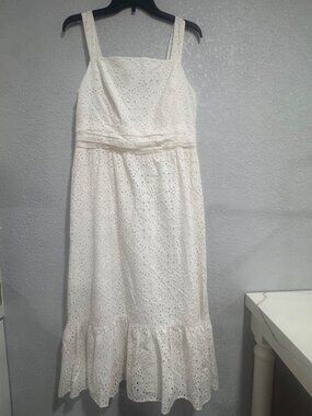 SLNY White Eyelet Midi Dress With Ruffle Hem Size 8 Sleeveless Cotton NWT